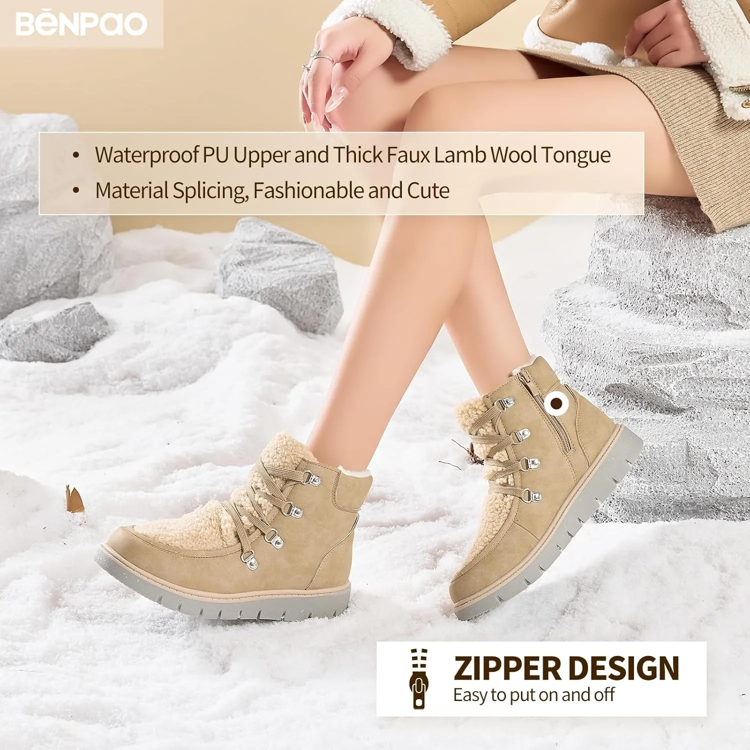 BENPAO Women's Mini Short Boots Fuzzy Snow Boots for Women PU Leather Winter Boots Waterproof Ankle booties Warm Fur Boots with Zipper