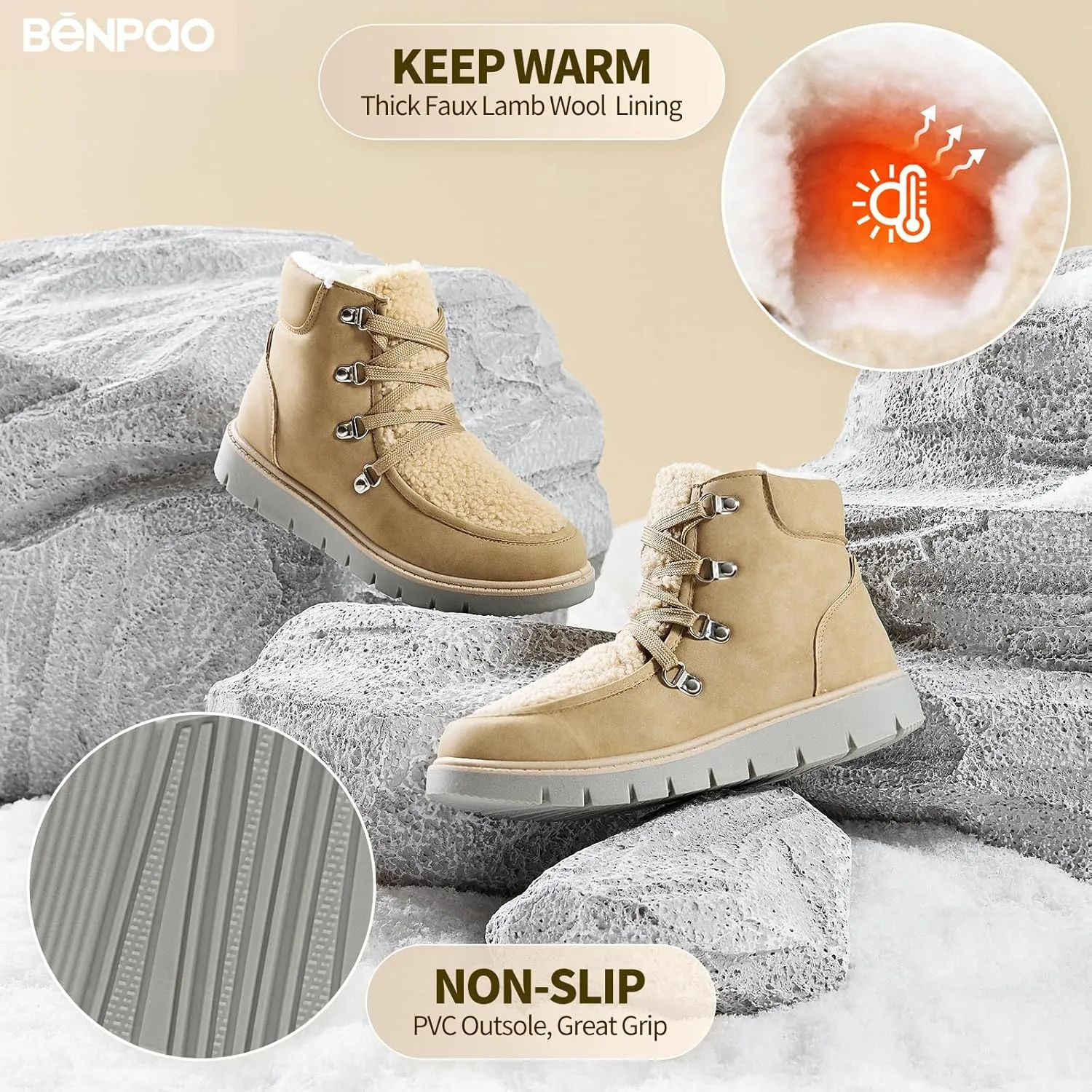 BENPAO Women's Mini Short Boots Fuzzy Snow Boots for Women PU Leather Winter Boots Waterproof Ankle booties Warm Fur Boots with Zipper