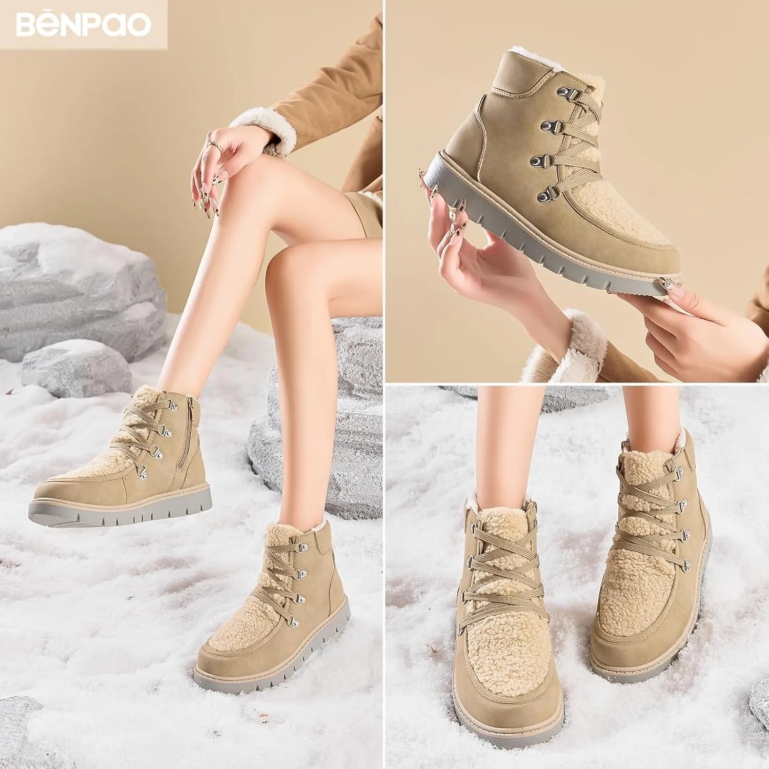 BENPAO Women's Mini Short Boots Fuzzy Snow Boots for Women PU Leather Winter Boots Waterproof Ankle booties Warm Fur Boots with Zipper
