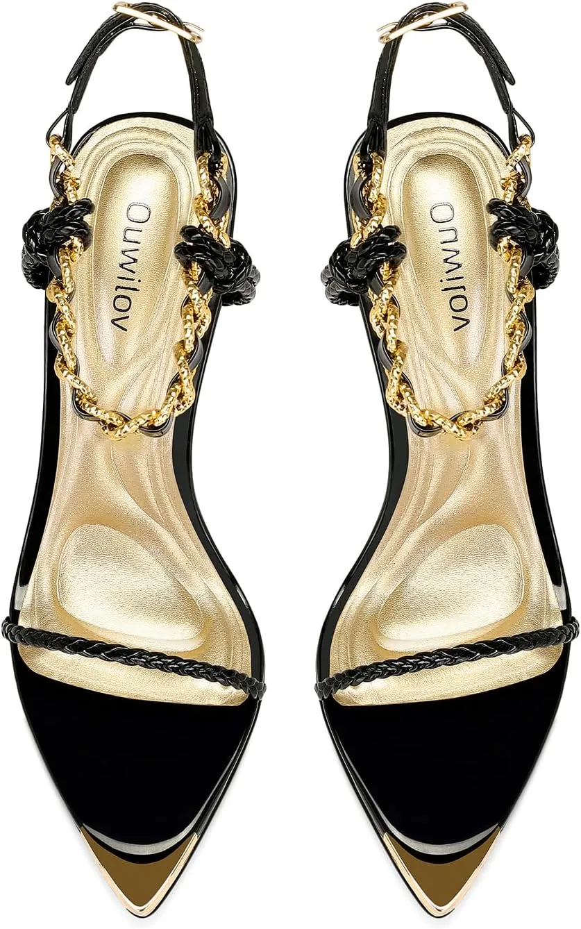 Black Pumps for Women Gold Chain Ankle Strap Open Toe Pointed Toe Stiletto High Heels for Formal Events Weddings Parties and Evening Wear