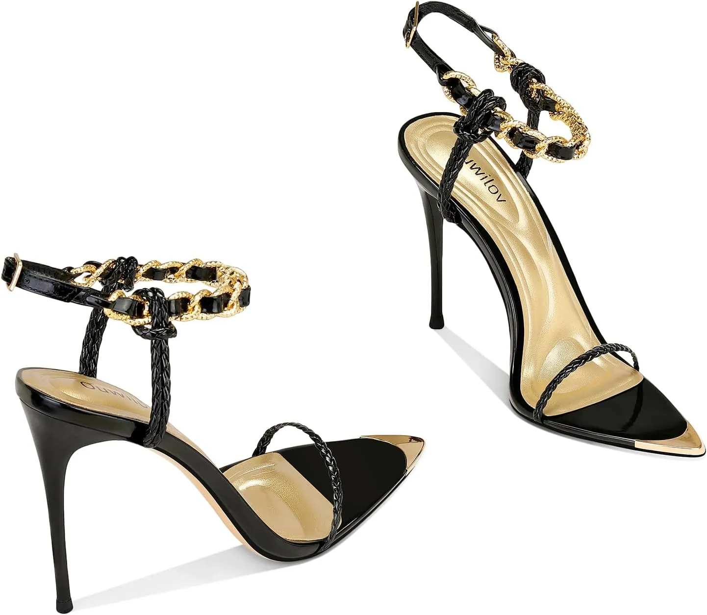 Black Pumps for Women Gold Chain Ankle Strap Open Toe Pointed Toe Stiletto High Heels for Formal Events Weddings Parties and Evening Wear