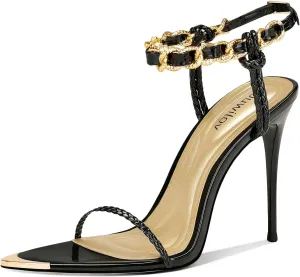 Black Pumps for Women Gold Chain Ankle Strap Open Toe Pointed Toe Stiletto High Heels for Formal Events Weddings Parties and Evening Wear
