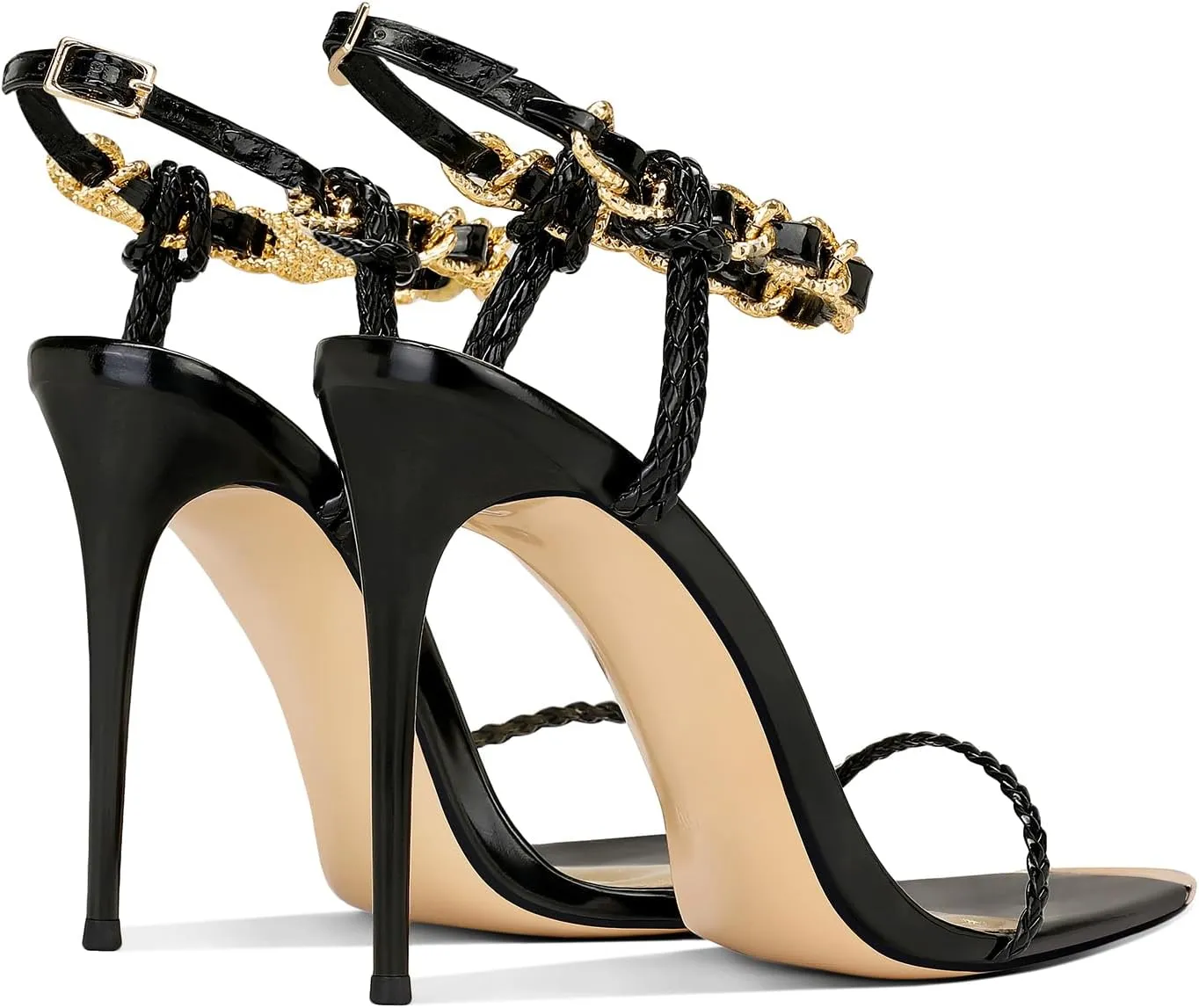 Black Pumps for Women Gold Chain Ankle Strap Open Toe Pointed Toe Stiletto High Heels for Formal Events Weddings Parties and Evening Wear