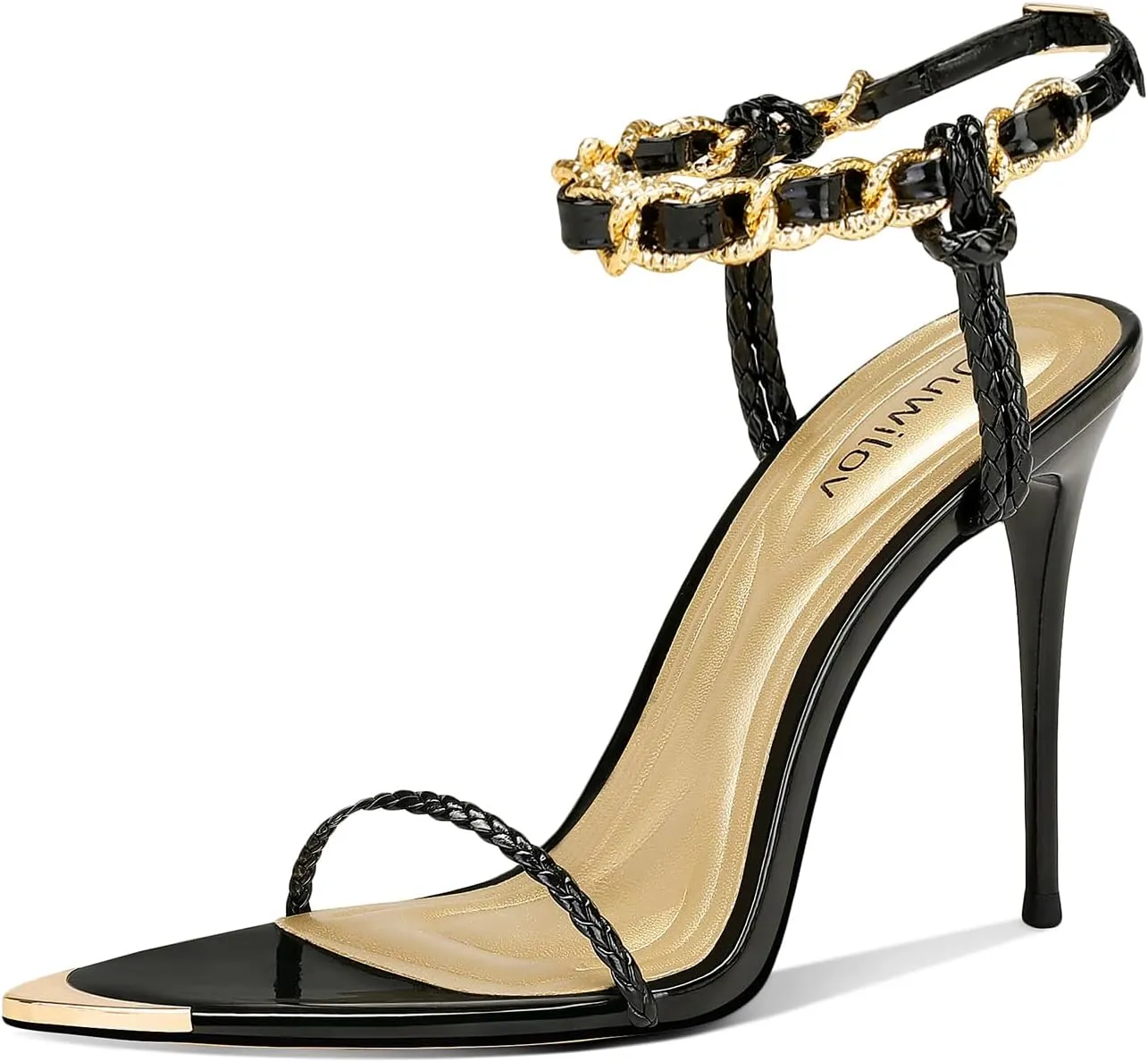 Black Pumps for Women Gold Chain Ankle Strap Open Toe Pointed Toe Stiletto High Heels for Formal Events Weddings Parties and Evening Wear