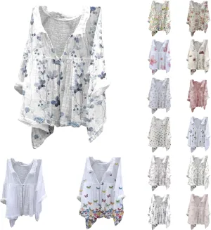 Boho Floral Blouses for Women Babydoll Linen Shirts 2025 Casual Summer 3/4 Sleeve V-Neck Button Down Peasant Tops