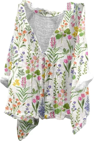 Boho Floral Blouses for Women Babydoll Linen Shirts 2025 Casual Summer 3/4 Sleeve V-Neck Button Down Peasant Tops