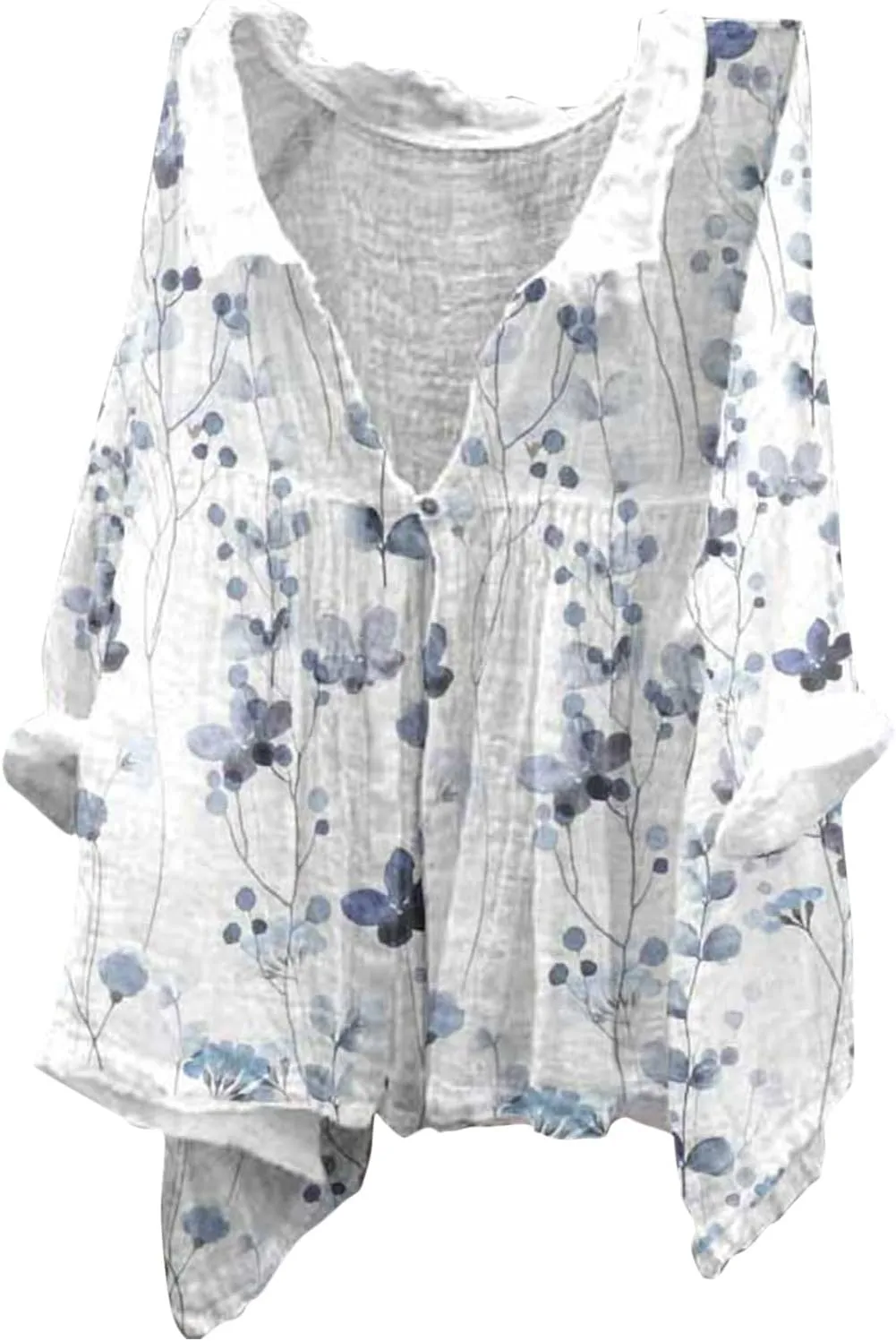 Boho Floral Blouses for Women Babydoll Linen Shirts 2025 Casual Summer 3/4 Sleeve V-Neck Button Down Peasant Tops
