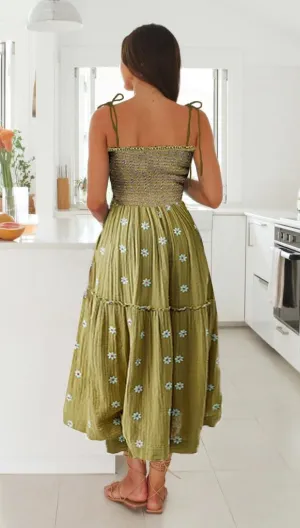 Boho Spaghetti Strap Long Dress Summer Embroidered Floral Smocked Dress Flowy Maxi Beach Sun Dresses for Women 2024