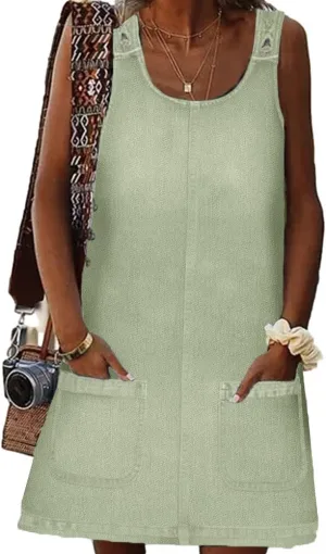 BZB Women's Sleeveless Casual Denim Dress Crewneck Vintage Loose Jean Overall Dress with Pockets