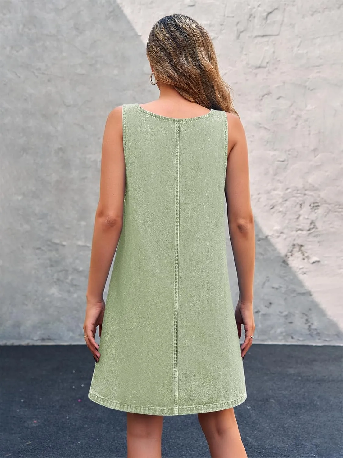 BZB Women's Sleeveless Casual Denim Dress Crewneck Vintage Loose Jean Overall Dress with Pockets