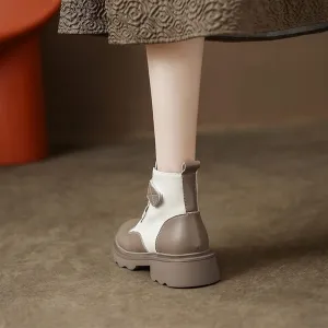 Casual Shoes for Women Fall Women Boots Round Toe Chunky Shoes Women Mixed Color Split Leather Boots Leisure Slip-on Thick Heel Winter Short Boots(Khaki-Winter,8.5)