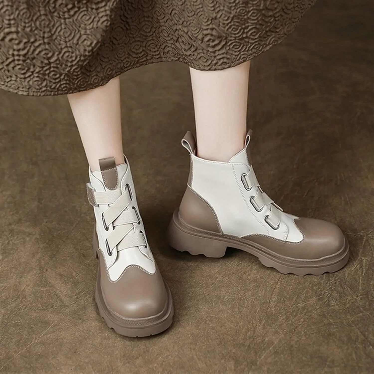 Casual Shoes for Women Fall Women Boots Round Toe Chunky Shoes Women Mixed Color Split Leather Boots Leisure Slip-on Thick Heel Winter Short Boots(Khaki-Winter,8.5)