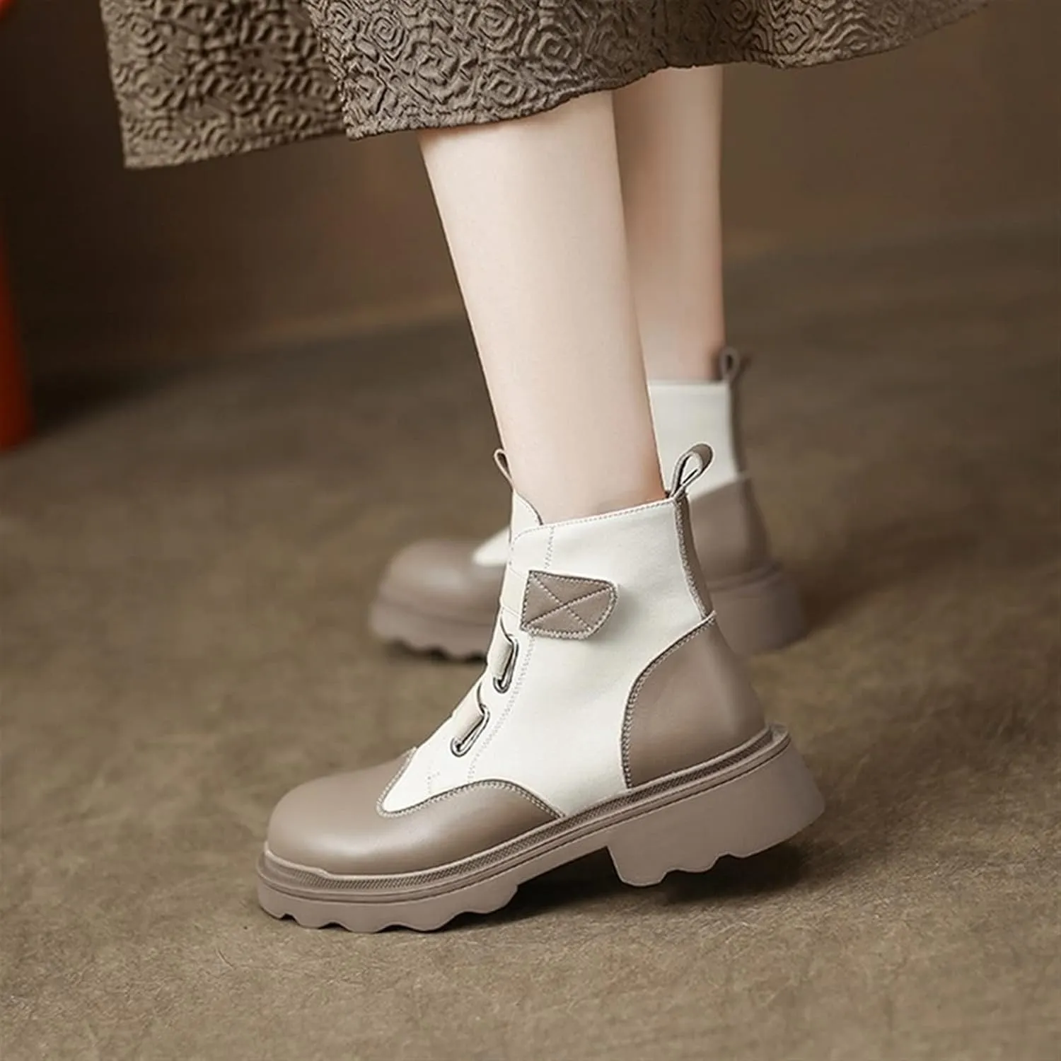 Casual Shoes for Women Fall Women Boots Round Toe Chunky Shoes Women Mixed Color Split Leather Boots Leisure Slip-on Thick Heel Winter Short Boots(Khaki-Winter,8.5)