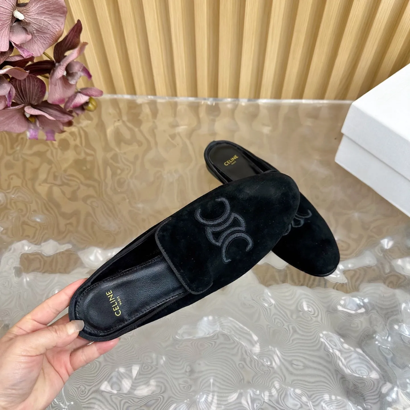 CELINE 25 Slippers Black Velvet 285914