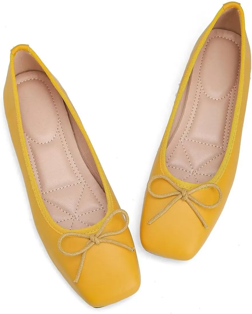 ChaiRong Zhou Women Square Toe Pu Leather Ballet Flats with Cute Bowknot Elegant Slip on Soft Support Daily Dress Office Driving Shoes