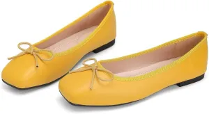 ChaiRong Zhou Women Square Toe Pu Leather Ballet Flats with Cute Bowknot Elegant Slip on Soft Support Daily Dress Office Driving Shoes