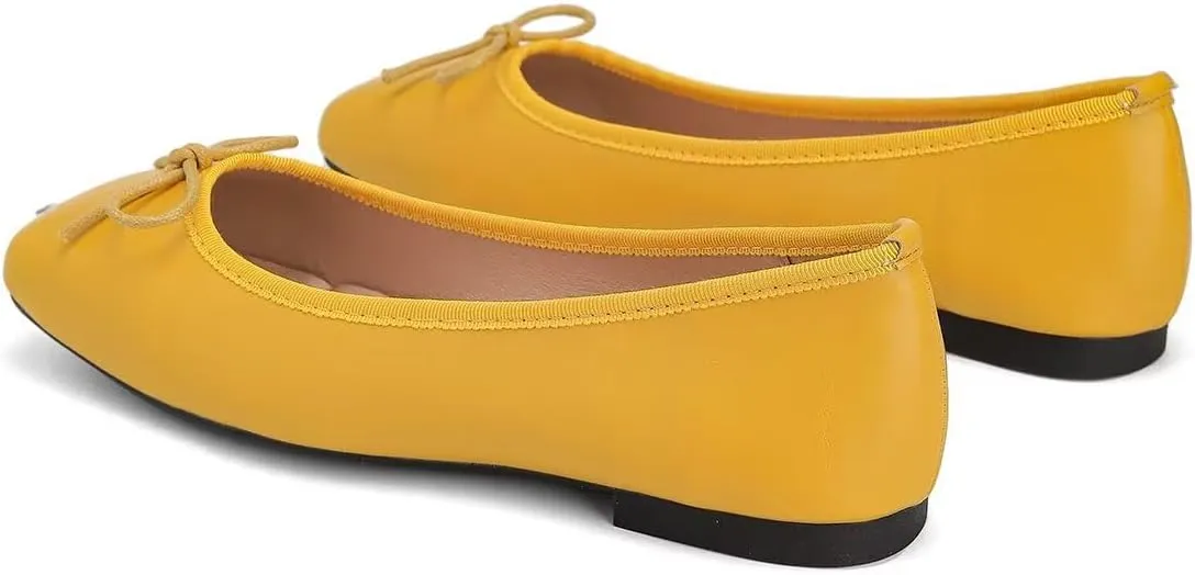 ChaiRong Zhou Women Square Toe Pu Leather Ballet Flats with Cute Bowknot Elegant Slip on Soft Support Daily Dress Office Driving Shoes