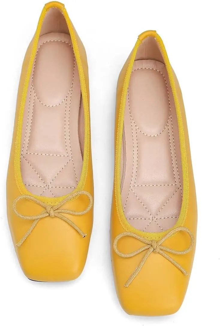 ChaiRong Zhou Women Square Toe Pu Leather Ballet Flats with Cute Bowknot Elegant Slip on Soft Support Daily Dress Office Driving Shoes