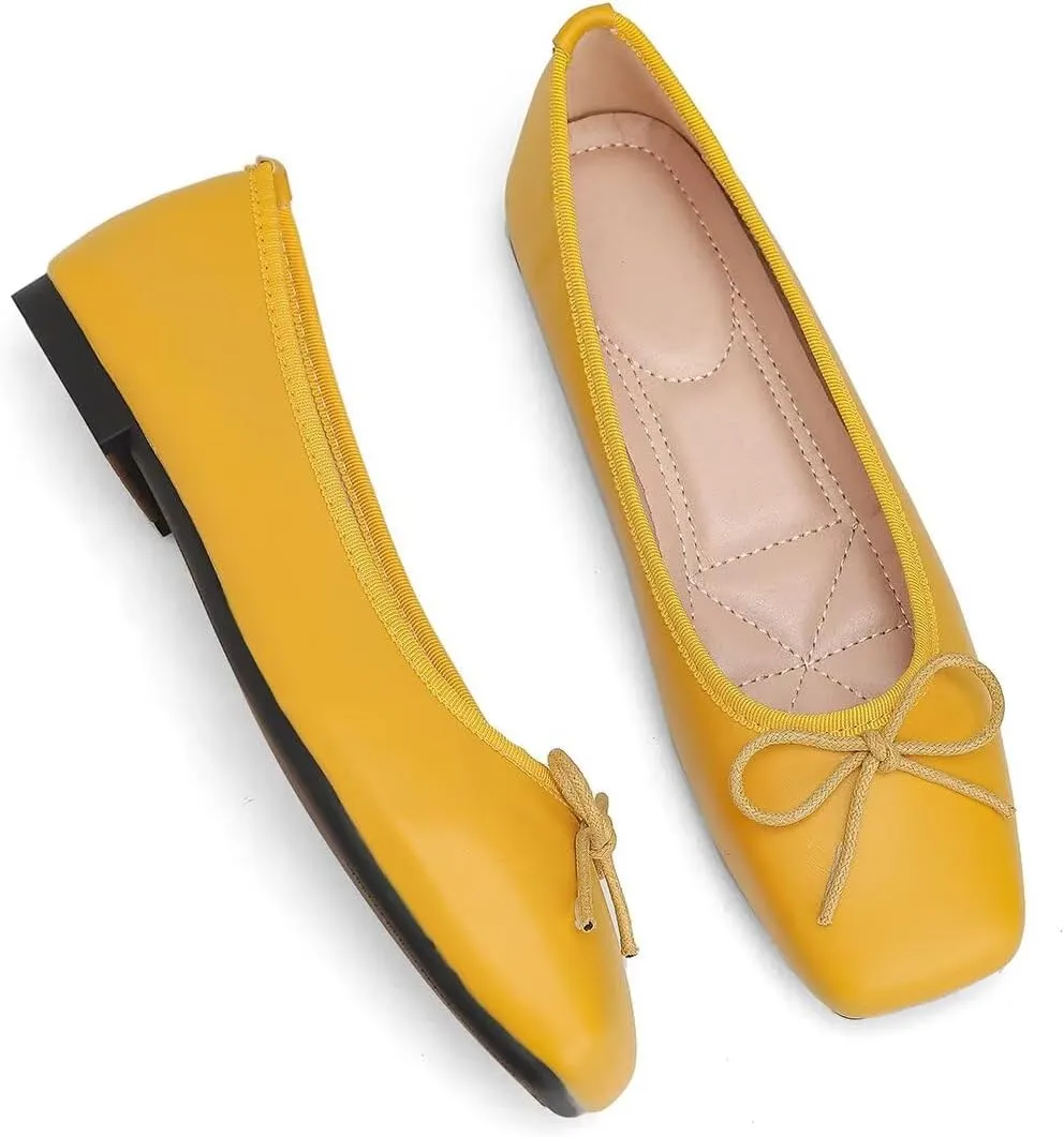 ChaiRong Zhou Women Square Toe Pu Leather Ballet Flats with Cute Bowknot Elegant Slip on Soft Support Daily Dress Office Driving Shoes