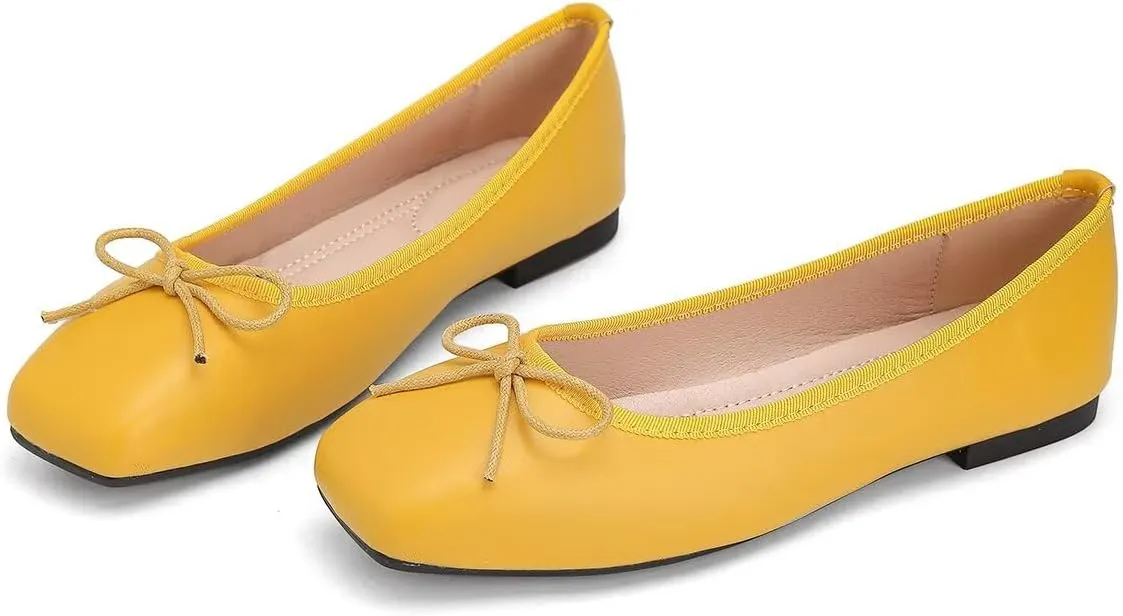 ChaiRong Zhou Women Square Toe Pu Leather Ballet Flats with Cute Bowknot Elegant Slip on Soft Support Daily Dress Office Driving Shoes