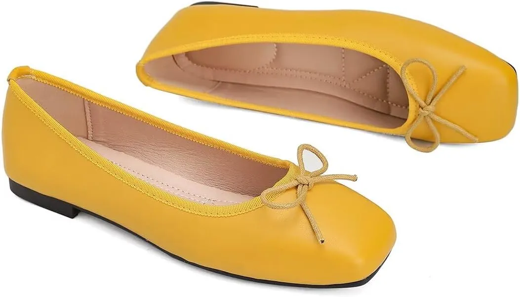ChaiRong Zhou Women Square Toe Pu Leather Ballet Flats with Cute Bowknot Elegant Slip on Soft Support Daily Dress Office Driving Shoes
