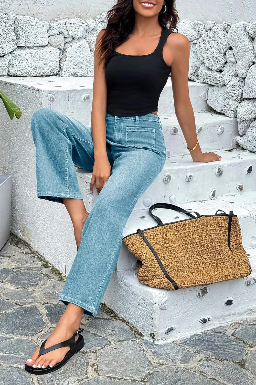 Cicy Bell Women's High Waisted Baggy Jeans Wide Leg Stretch Vintage Denim Pants with Front Pockets