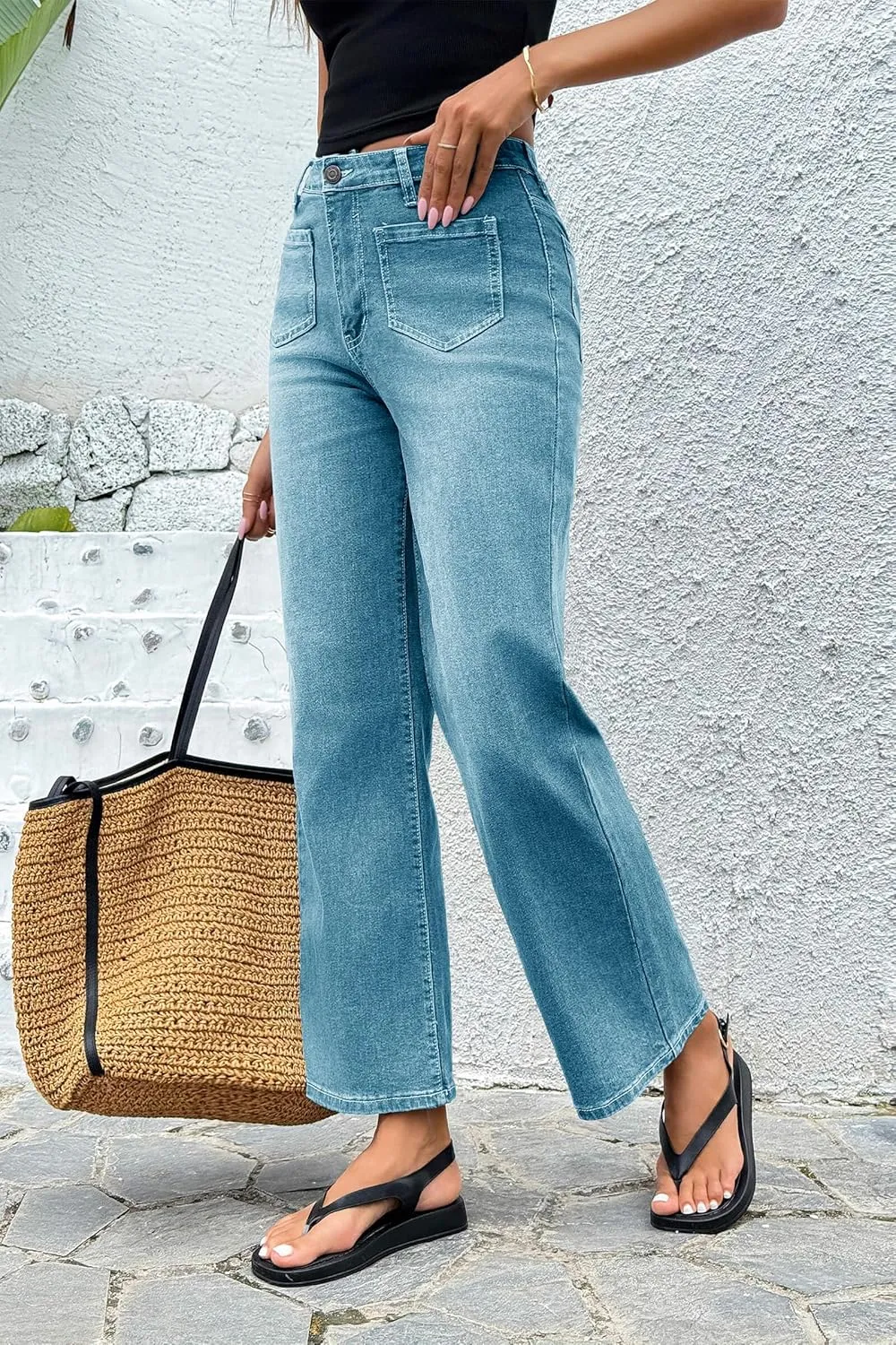 Cicy Bell Women's High Waisted Baggy Jeans Wide Leg Stretch Vintage Denim Pants with Front Pockets