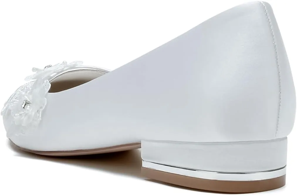 Comfortable Women's Ivory Lace Wedding Flats Round Toe Bridal Shoes Slip-On Ballet Flats with Embroidery Lace Flowers
