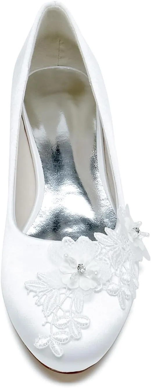 Comfortable Women's Ivory Lace Wedding Flats Round Toe Bridal Shoes Slip-On Ballet Flats with Embroidery Lace Flowers