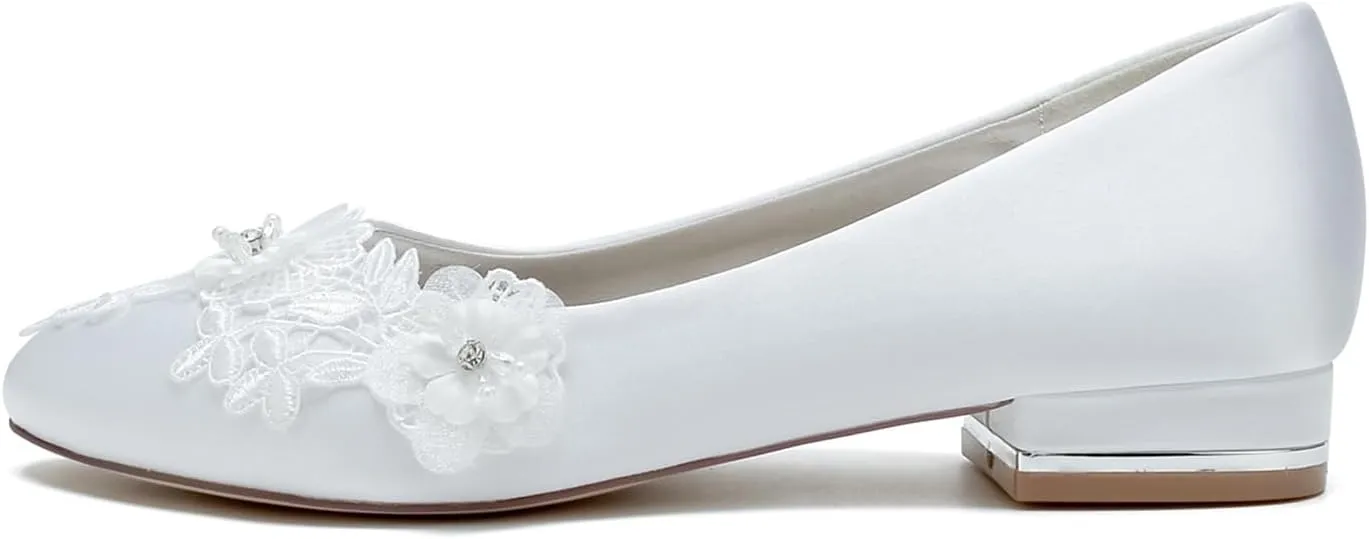 Comfortable Women's Ivory Lace Wedding Flats Round Toe Bridal Shoes Slip-On Ballet Flats with Embroidery Lace Flowers