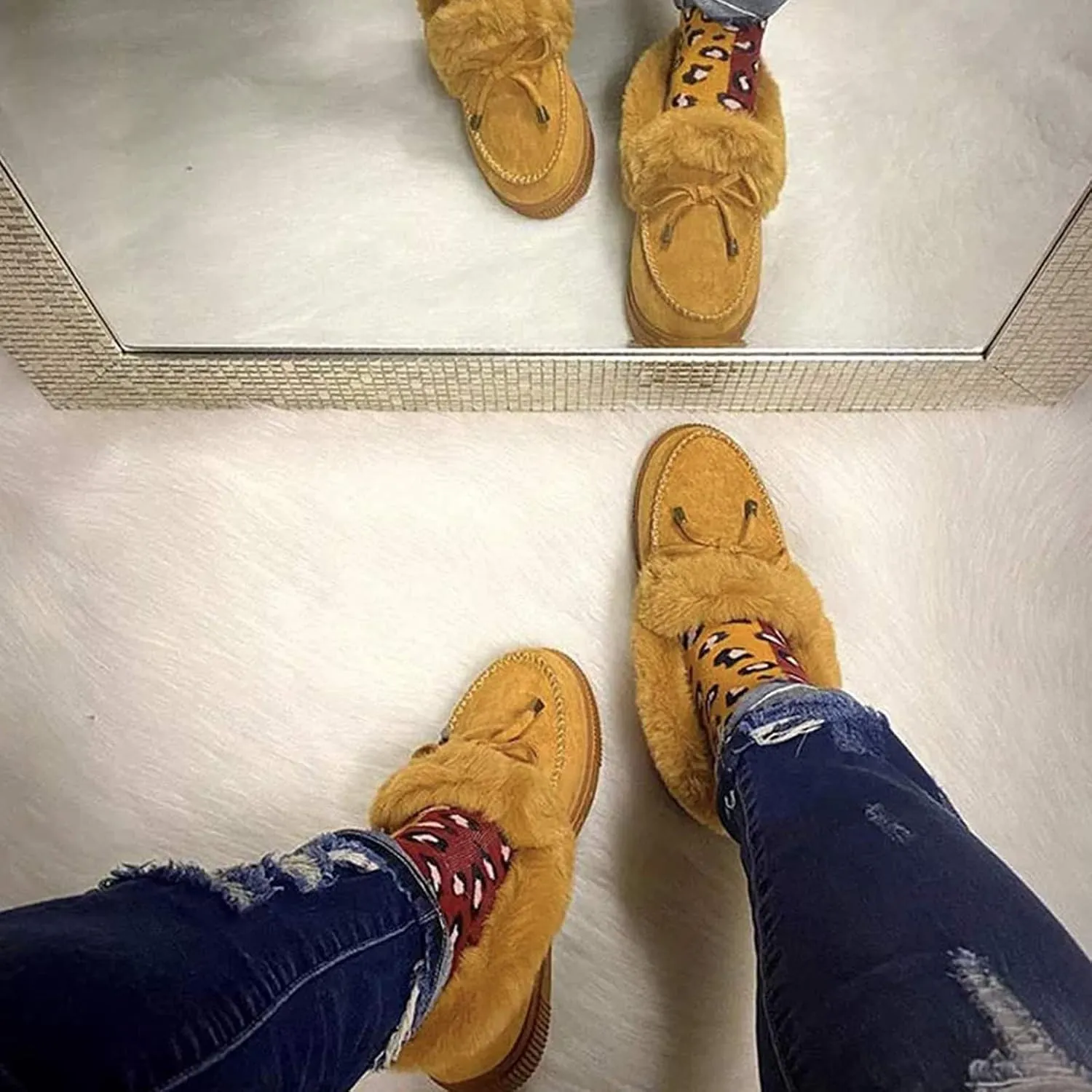 Corashoes Casual Fashion Flat Boots for Women, Kandylane Cute Warm Winter Durable Shoes, Suede Flat, Snow Boots Loafer Platform Shoes Comfortable, Thick Plush Keep Warm Loafer Flats,Leopard print,US:8