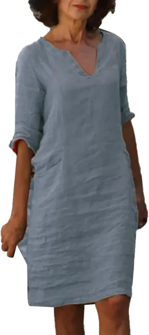 Cotton Linen Dress for Women Elegant V Neck 3/4 Sleeve Shirt Dress Casual Summer Cruise Beach Vacation Mini Dresses