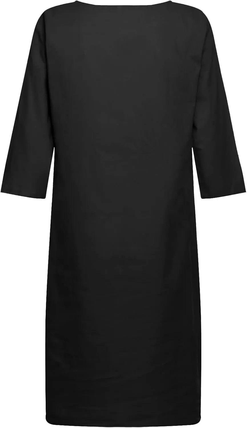 Cotton Linen Dress for Women Elegant V Neck 3/4 Sleeve Shirt Dress Casual Summer Cruise Beach Vacation Mini Dresses