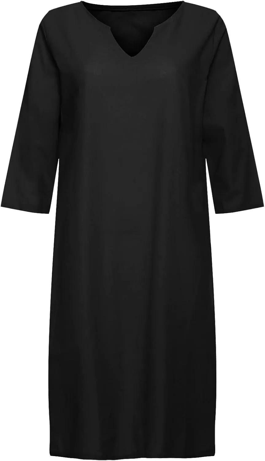 Cotton Linen Dress for Women Elegant V Neck 3/4 Sleeve Shirt Dress Casual Summer Cruise Beach Vacation Mini Dresses