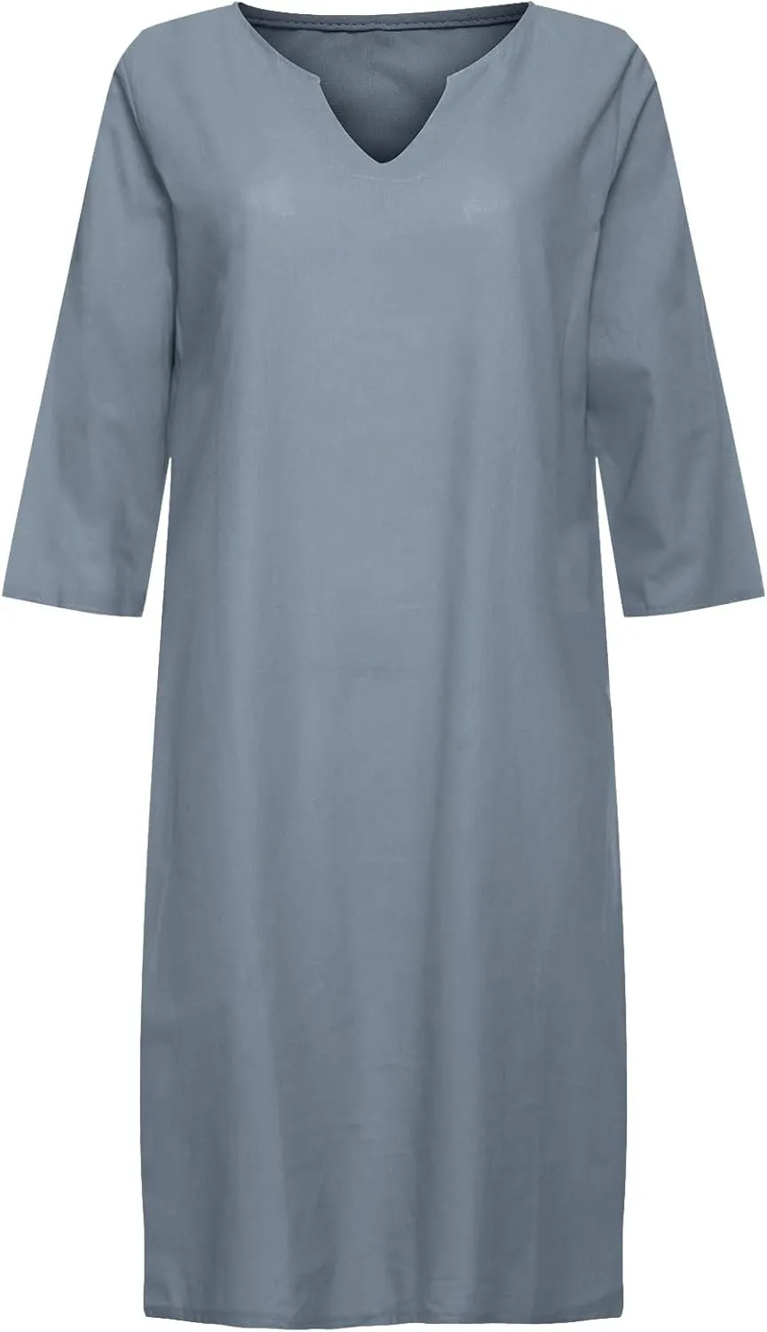 Cotton Linen Dress for Women Elegant V Neck 3/4 Sleeve Shirt Dress Casual Summer Cruise Beach Vacation Mini Dresses