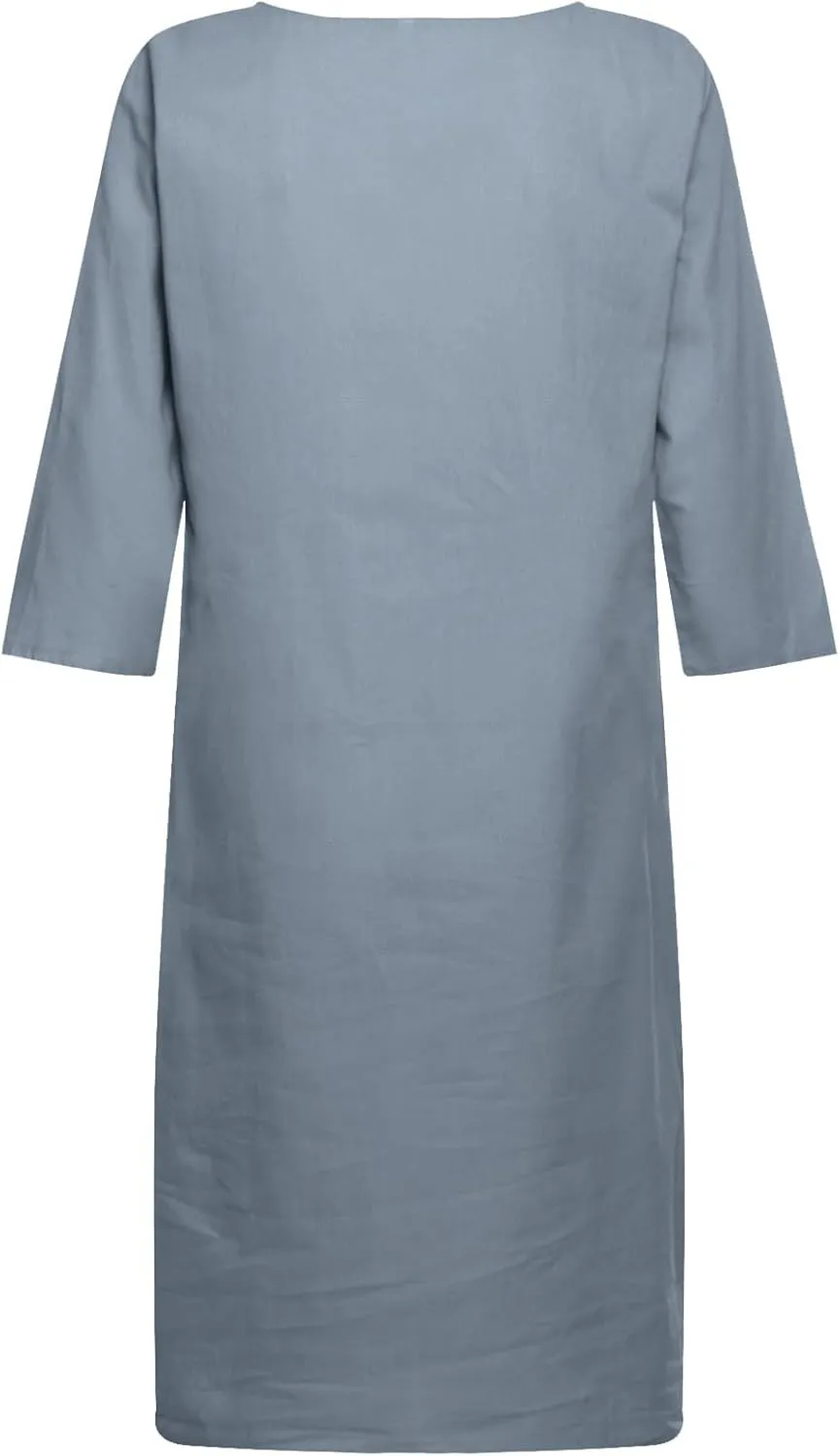 Cotton Linen Dress for Women Elegant V Neck 3/4 Sleeve Shirt Dress Casual Summer Cruise Beach Vacation Mini Dresses
