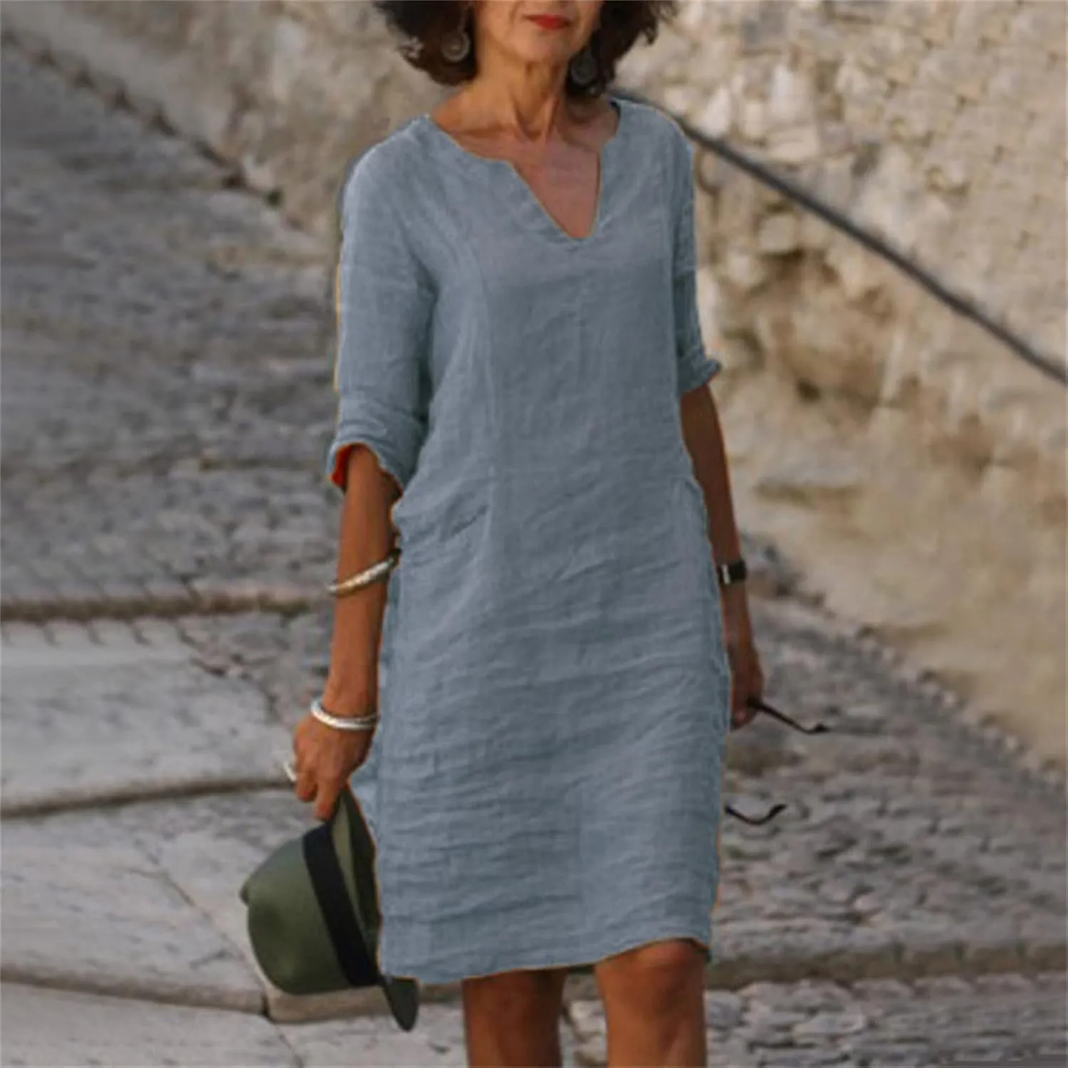 Cotton Linen Dress for Women Elegant V Neck 3/4 Sleeve Shirt Dress Casual Summer Cruise Beach Vacation Mini Dresses