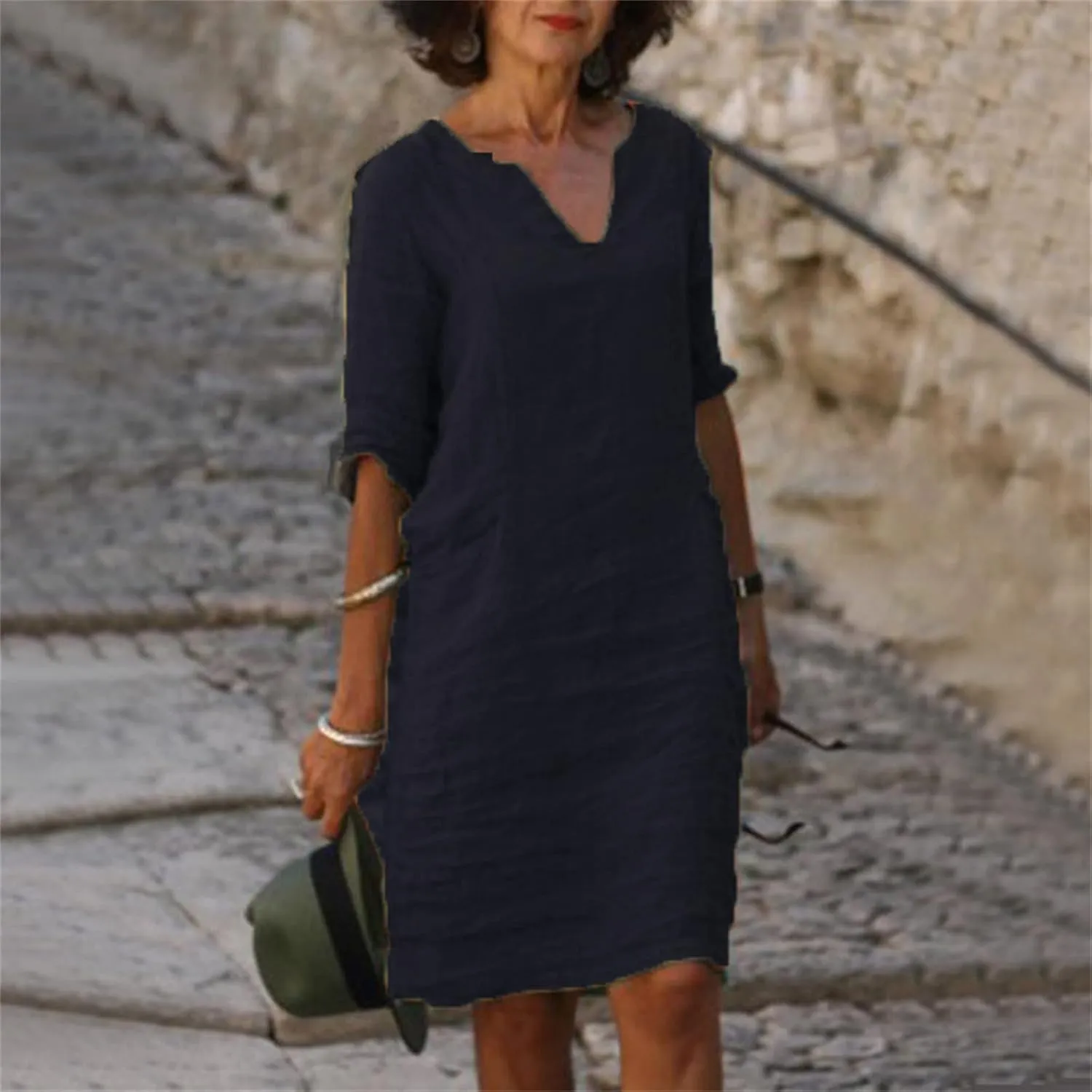 Cotton Linen Dress for Women Elegant V Neck 3/4 Sleeve Shirt Dress Casual Summer Cruise Beach Vacation Mini Dresses