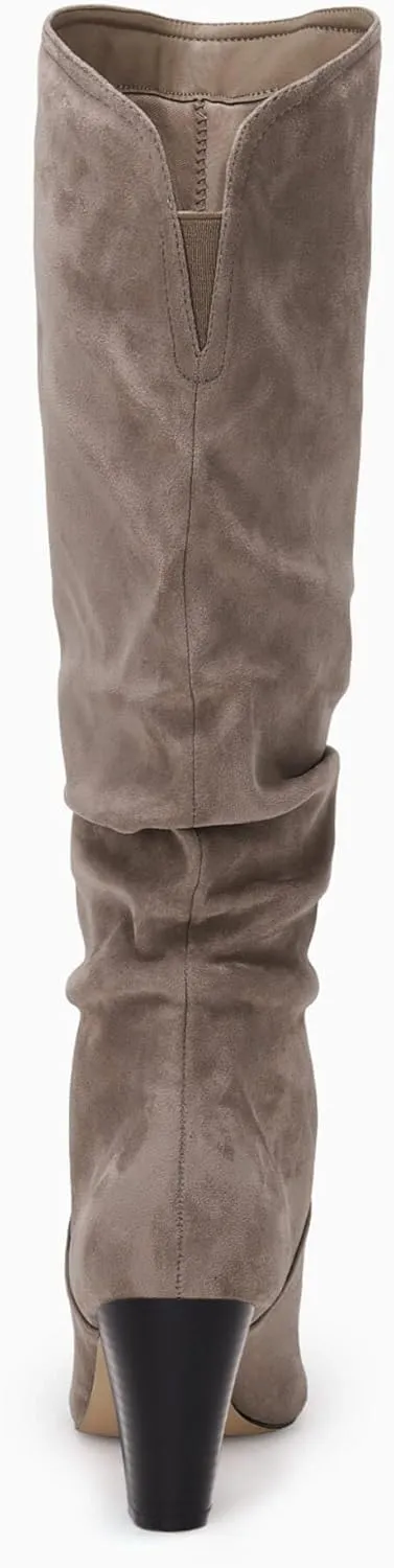 Coutgo Womens Slouchy Knee High Boots Wide Calf Kitten Heel Pointed Toe Pull On Long Boots Winter Shoes
