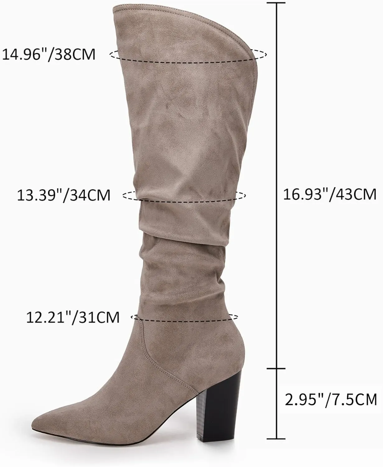 Coutgo Womens Slouchy Knee High Boots Wide Calf Kitten Heel Pointed Toe Pull On Long Boots Winter Shoes