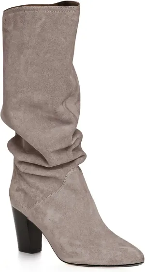 Coutgo Womens Slouchy Knee High Boots Wide Calf Kitten Heel Pointed Toe Pull On Long Boots Winter Shoes