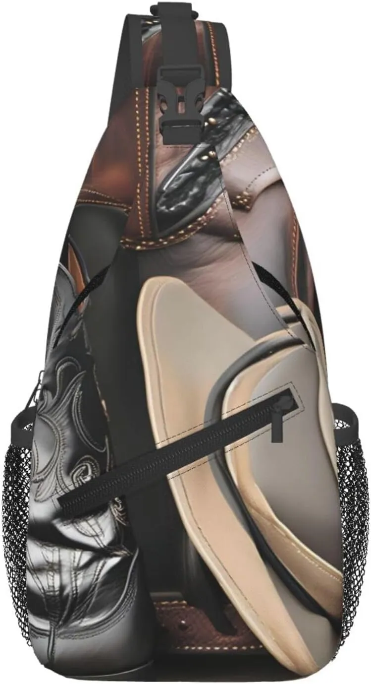 Cowboy Black Hat Western Boots Pattern Men's Casual Crossbody Chest Bag with High Storage Capacity and Adjustable Shoulder Strap