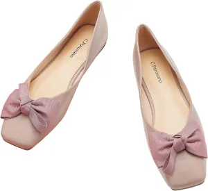 C.Paravano Women's Flats | Square Toe Shoes for Women | Pink Flat Shoes | Women Soft Leather Bowknot Dressy Flat | Slip On Ballet Flats for Work Office & Wedding Party (Size 6.5,Pink)