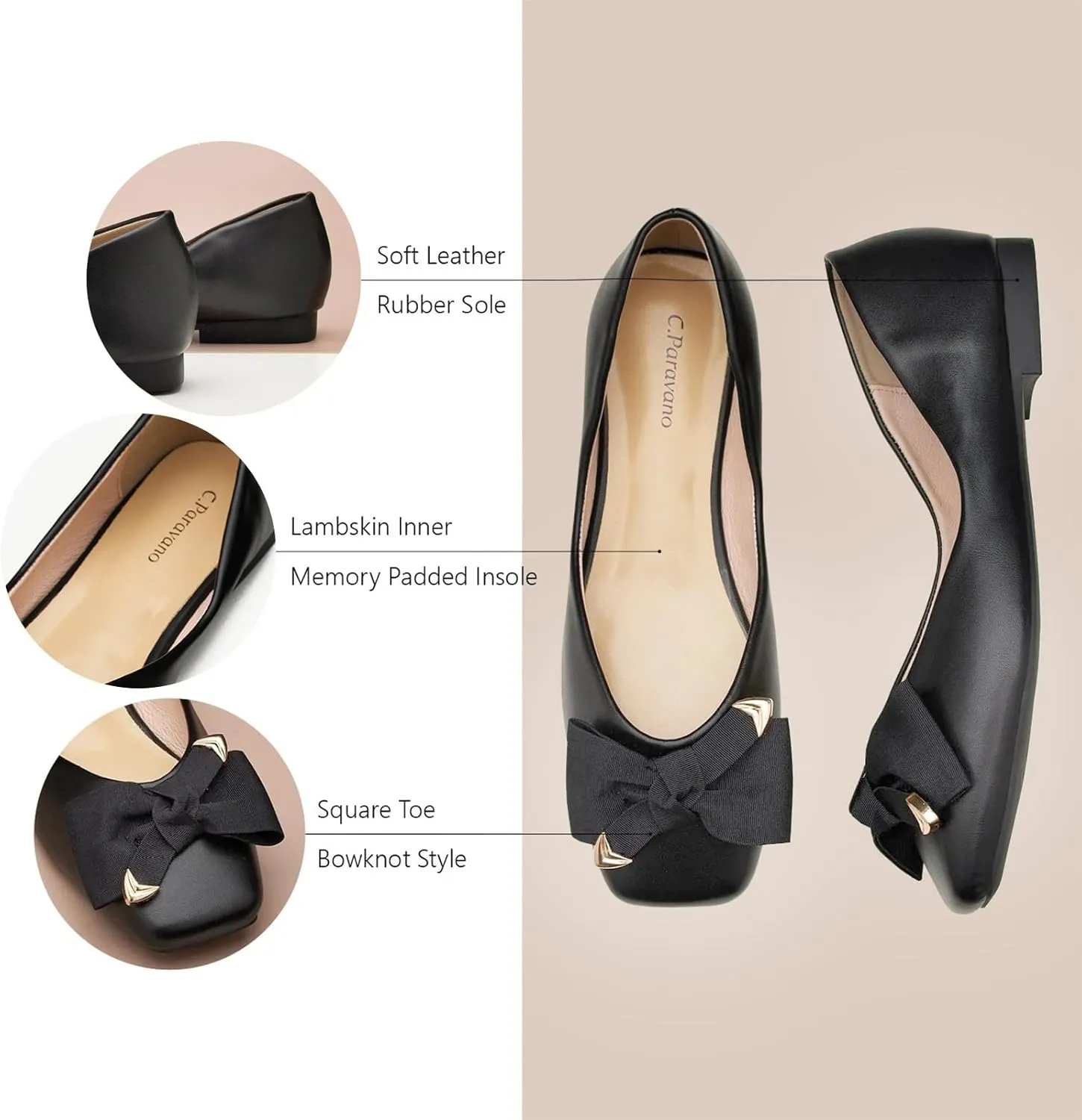 C.Paravano Women's Flats with Metallic Bow | Casual Square Toe Ballet Flats | Comfortable Slip On Flat Shoes | Women Dressy Shoes for Walking Wedding Work Office