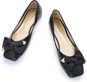 C.Paravano Women's Flats with Metallic Bow | Casual Square Toe Ballet Flats | Comfortable Slip On Flat Shoes | Women Dressy Shoes for Walking Wedding Work Office