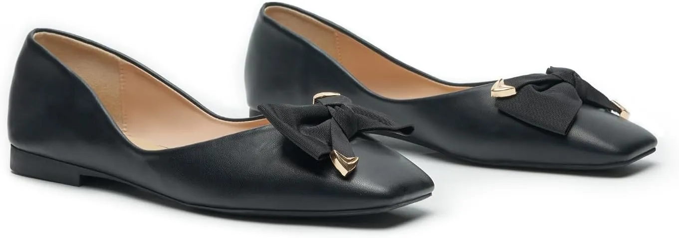 C.Paravano Women's Flats with Metallic Bow | Casual Square Toe Ballet Flats | Comfortable Slip On Flat Shoes | Women Dressy Shoes for Walking Wedding Work Office