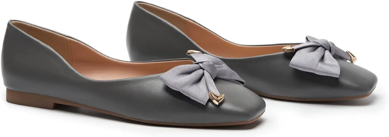 C.Paravano Women's Flats with Metallic Bow | Casual Square Toe Ballet Flats | Comfortable Slip On Shoes | Women Dressy Shoes for Walking Wedding Work Office