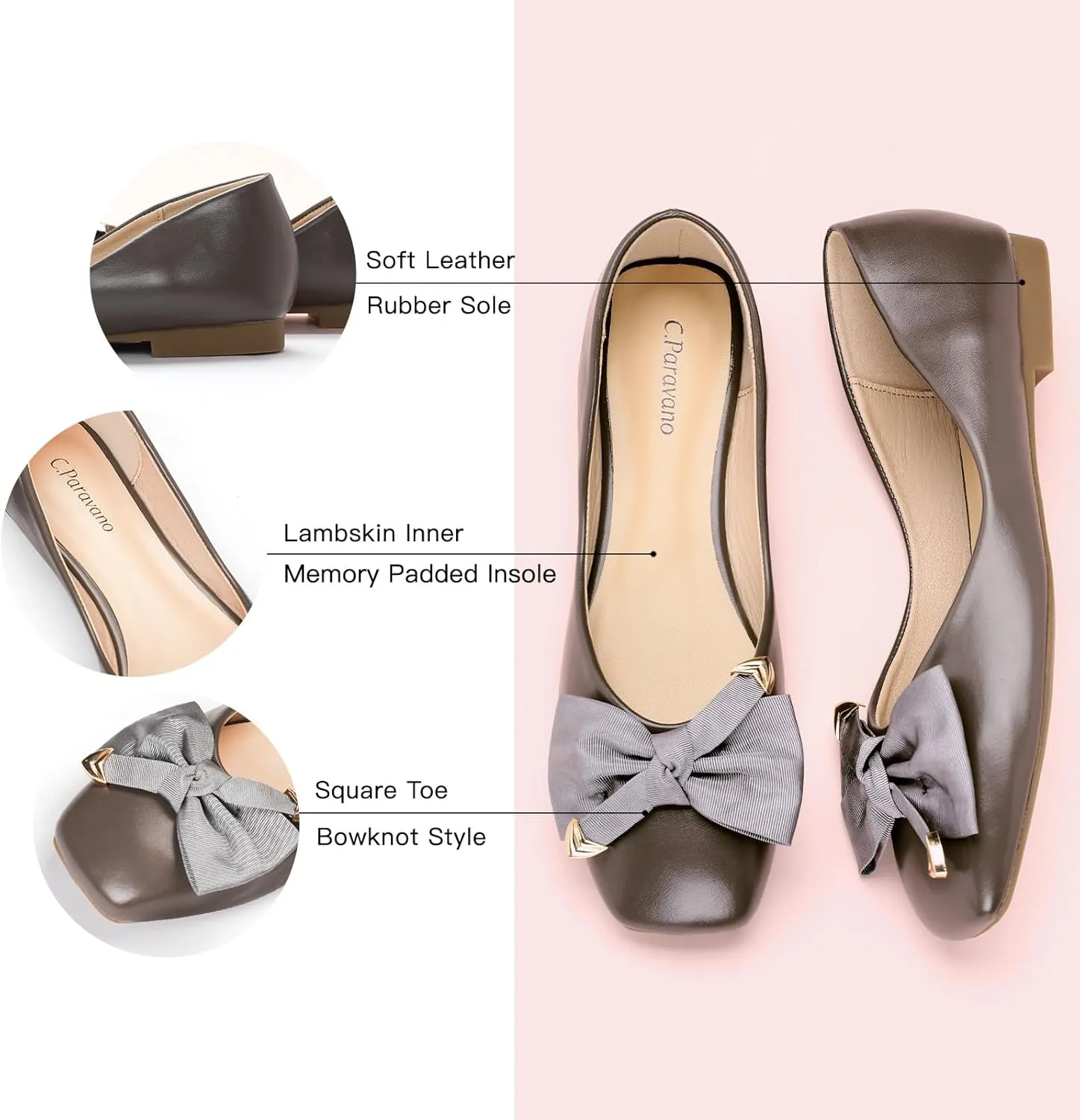 C.Paravano Women's Flats with Metallic Bow | Casual Square Toe Ballet Flats | Comfortable Slip On Shoes | Women Dressy Shoes for Walking Wedding Work Office
