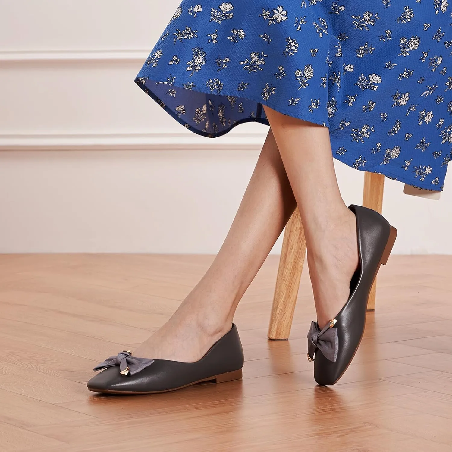 C.Paravano Women's Flats with Metallic Bow | Casual Square Toe Ballet Flats | Comfortable Slip On Shoes | Women Dressy Shoes for Walking Wedding Work Office