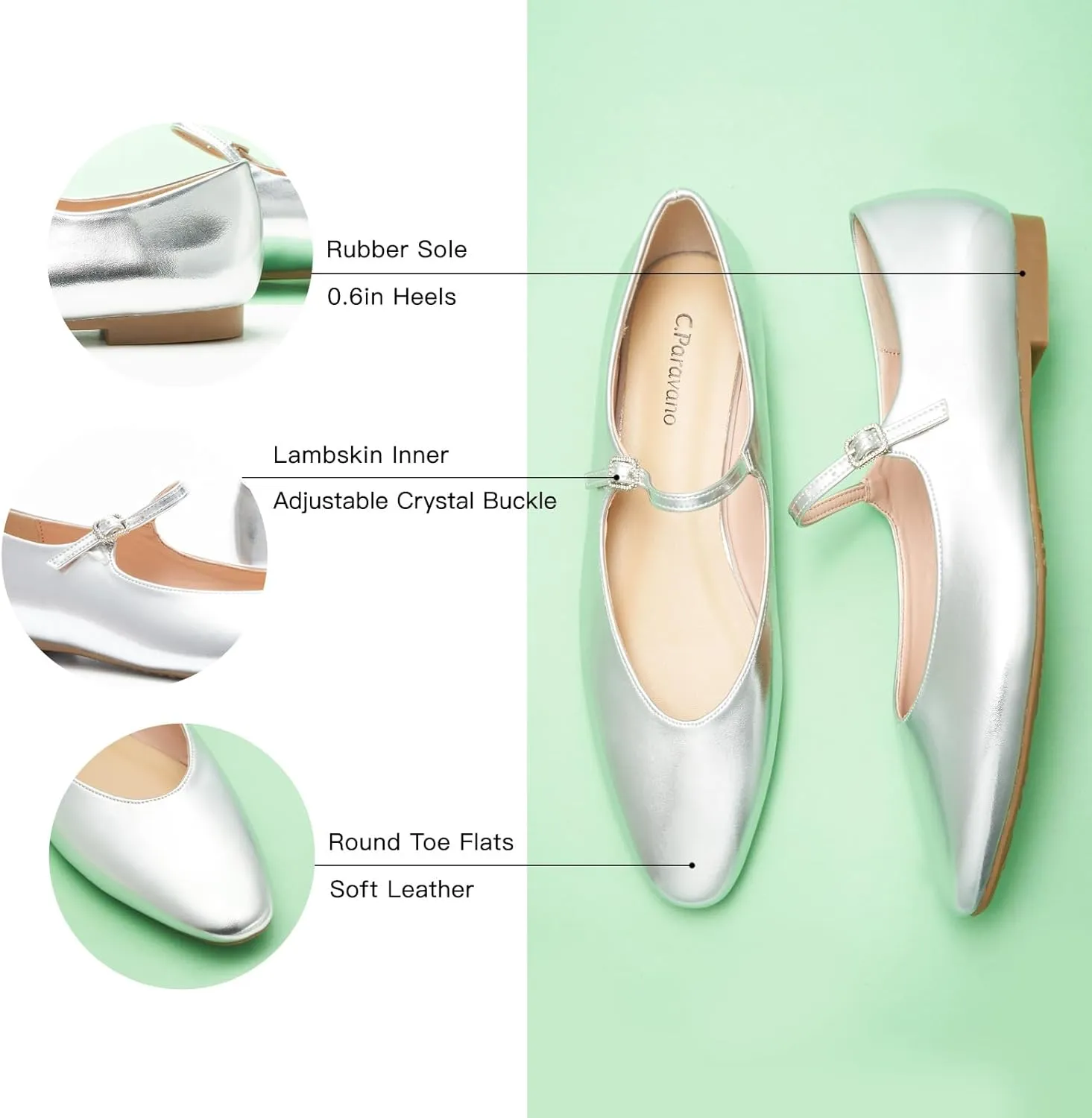 C.Paravano Women's Mary Jane Ballet Flats | Round Toe Leather Flats with Strap | Comfortable Work & Casual Shoes for Daily Wear